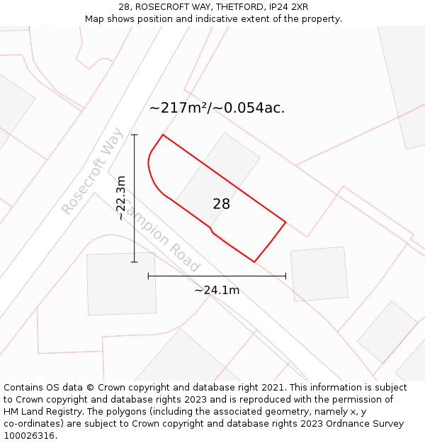 28, ROSECROFT WAY, THETFORD, IP24 2XR: Plot and title map