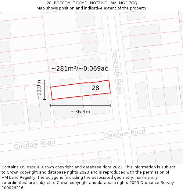 28, ROSEDALE ROAD, NOTTINGHAM, NG3 7GQ: Plot and title map