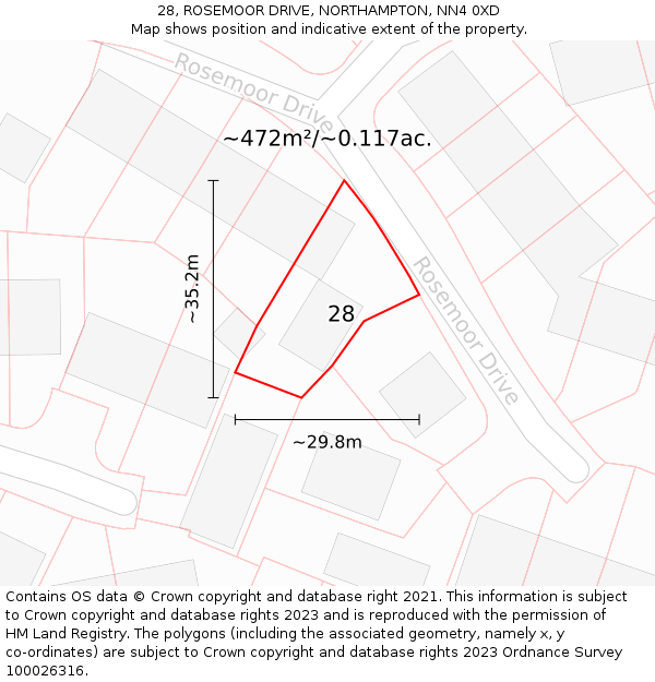 28, ROSEMOOR DRIVE, NORTHAMPTON, NN4 0XD: Plot and title map