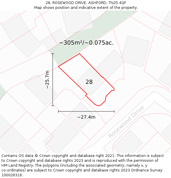 28, ROSEWOOD DRIVE, ASHFORD, TN25 4QF: Plot and title map
