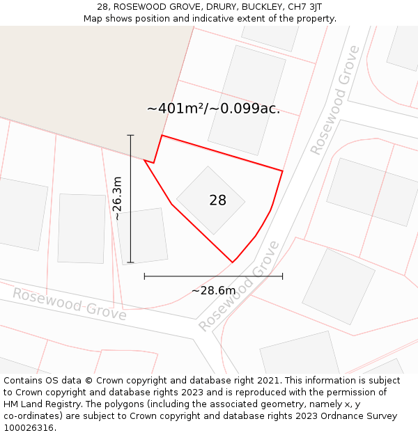 28, ROSEWOOD GROVE, DRURY, BUCKLEY, CH7 3JT: Plot and title map