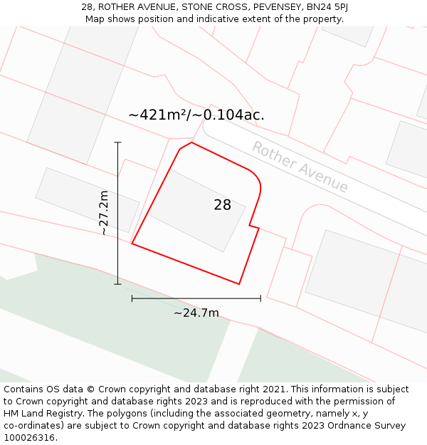 28, ROTHER AVENUE, STONE CROSS, PEVENSEY, BN24 5PJ: Plot and title map
