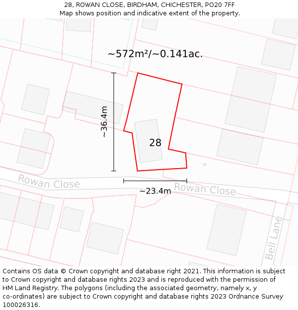 28, ROWAN CLOSE, BIRDHAM, CHICHESTER, PO20 7FF: Plot and title map