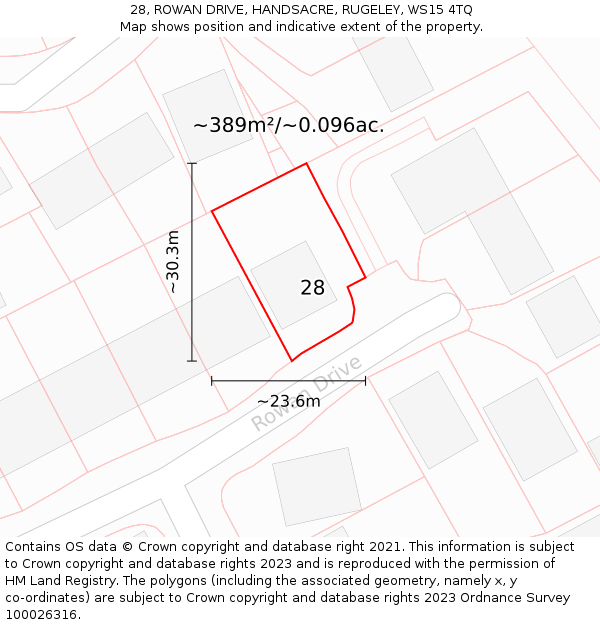 28, ROWAN DRIVE, HANDSACRE, RUGELEY, WS15 4TQ: Plot and title map