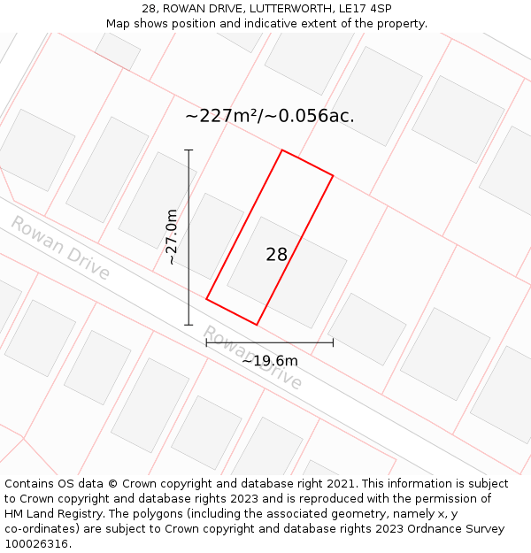 28, ROWAN DRIVE, LUTTERWORTH, LE17 4SP: Plot and title map