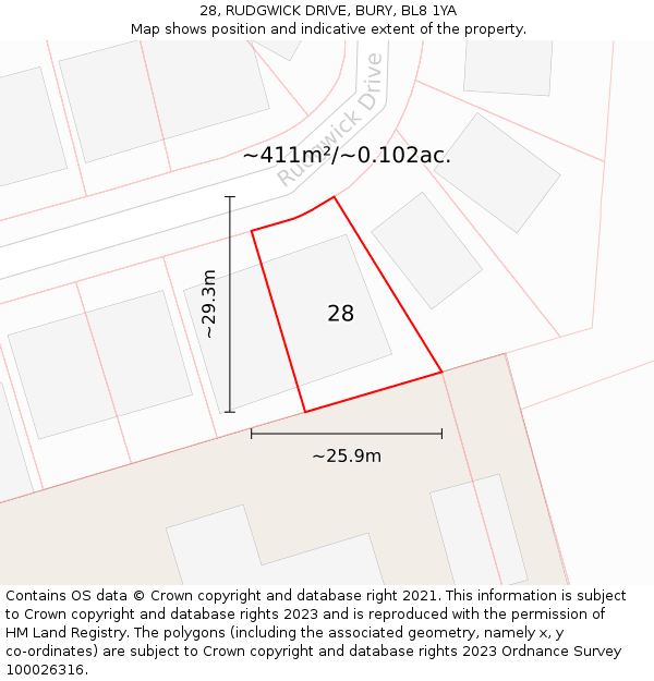 28, RUDGWICK DRIVE, BURY, BL8 1YA: Plot and title map