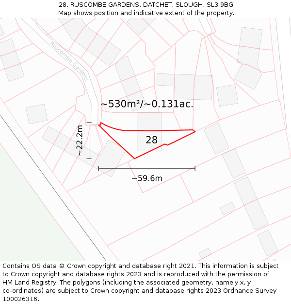 28, RUSCOMBE GARDENS, DATCHET, SLOUGH, SL3 9BG: Plot and title map