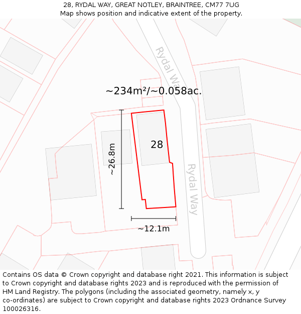 28, RYDAL WAY, GREAT NOTLEY, BRAINTREE, CM77 7UG: Plot and title map