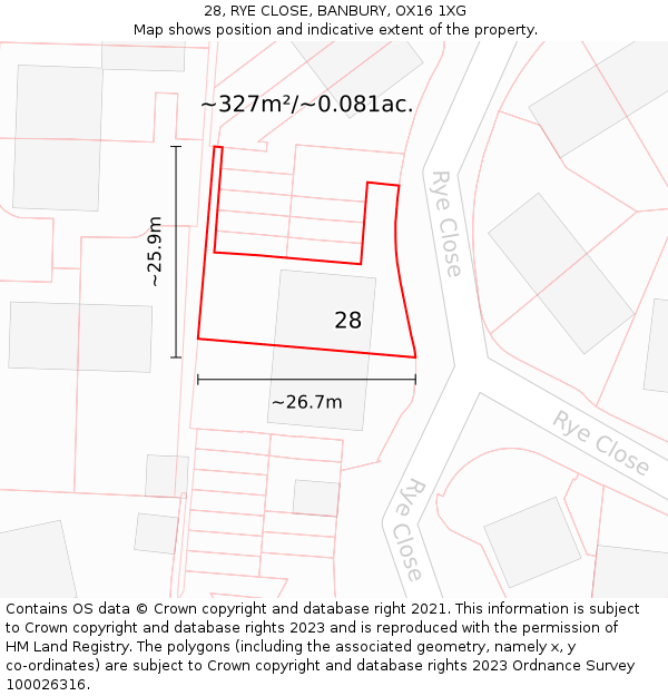 28, RYE CLOSE, BANBURY, OX16 1XG: Plot and title map