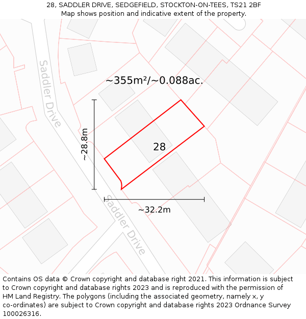 28, SADDLER DRIVE, SEDGEFIELD, STOCKTON-ON-TEES, TS21 2BF: Plot and title map