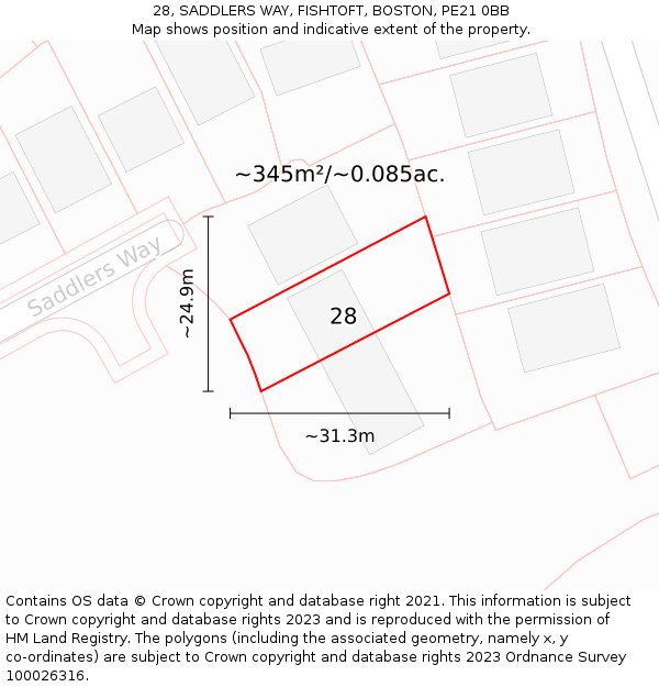 28, SADDLERS WAY, FISHTOFT, BOSTON, PE21 0BB: Plot and title map