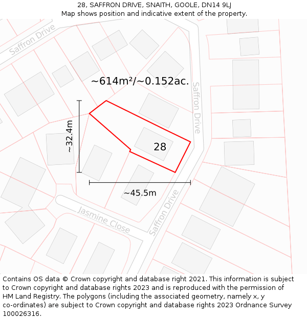 28, SAFFRON DRIVE, SNAITH, GOOLE, DN14 9LJ: Plot and title map