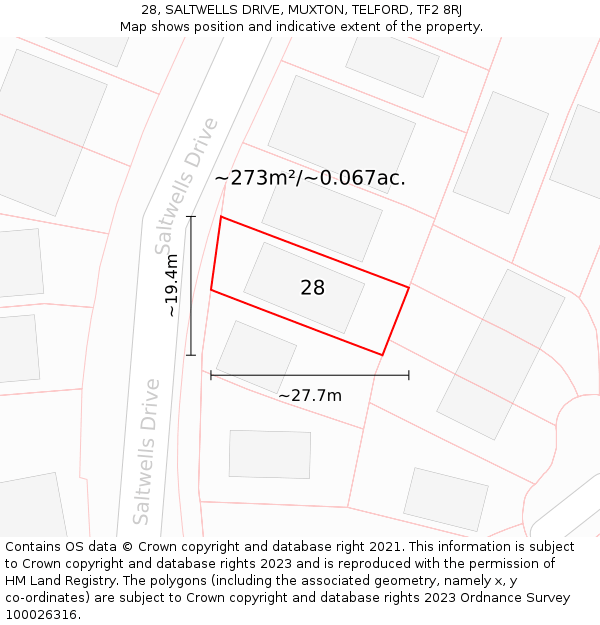 28, SALTWELLS DRIVE, MUXTON, TELFORD, TF2 8RJ: Plot and title map