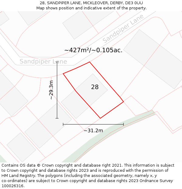 28, SANDPIPER LANE, MICKLEOVER, DERBY, DE3 0UU: Plot and title map