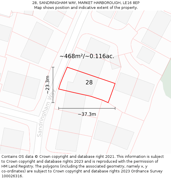 28, SANDRINGHAM WAY, MARKET HARBOROUGH, LE16 8EP: Plot and title map