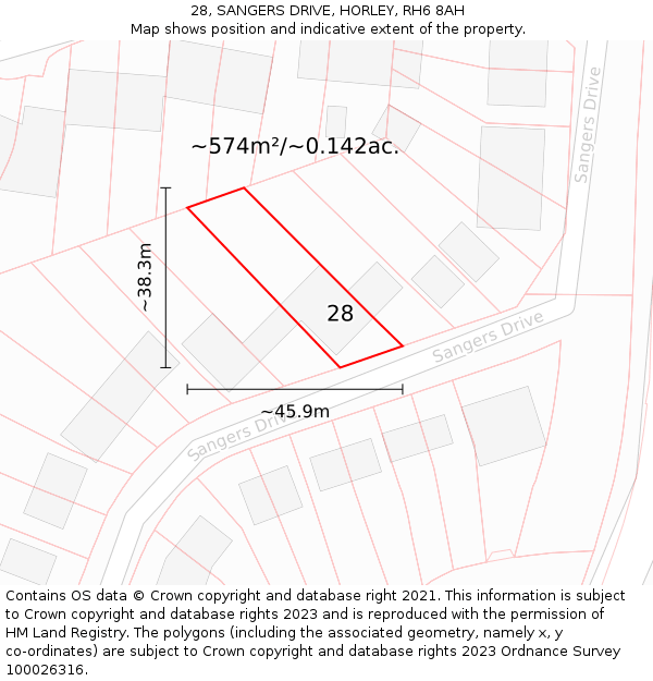 28, SANGERS DRIVE, HORLEY, RH6 8AH: Plot and title map