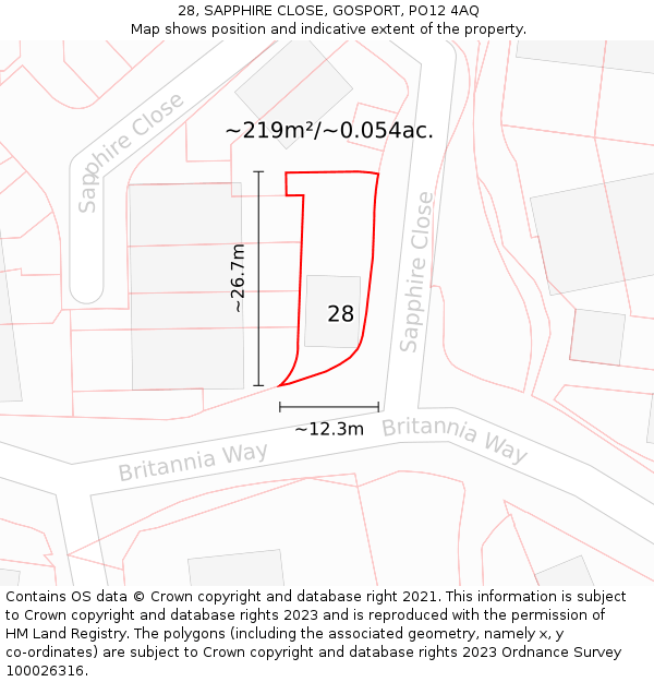 28, SAPPHIRE CLOSE, GOSPORT, PO12 4AQ: Plot and title map