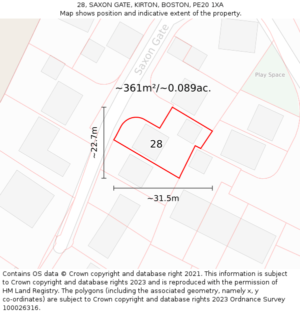 28, SAXON GATE, KIRTON, BOSTON, PE20 1XA: Plot and title map