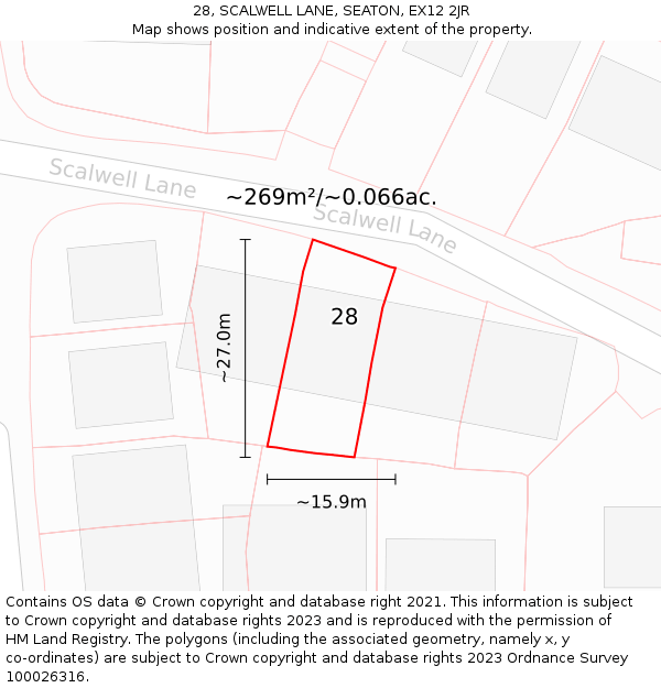 28, SCALWELL LANE, SEATON, EX12 2JR: Plot and title map