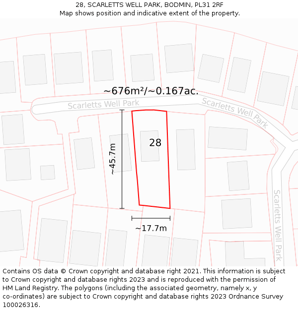 28, SCARLETTS WELL PARK, BODMIN, PL31 2RF: Plot and title map