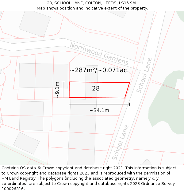 28, SCHOOL LANE, COLTON, LEEDS, LS15 9AL: Plot and title map