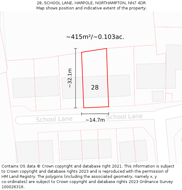 28, SCHOOL LANE, HARPOLE, NORTHAMPTON, NN7 4DR: Plot and title map