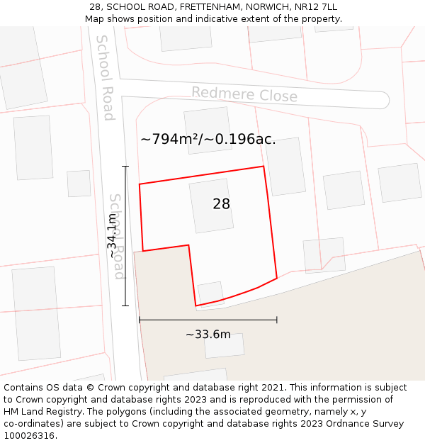 28, SCHOOL ROAD, FRETTENHAM, NORWICH, NR12 7LL: Plot and title map