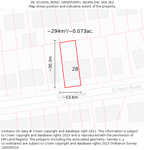 28, SCHOOL ROAD, HANDFORTH, WILMSLOW, SK9 3EZ: Plot and title map