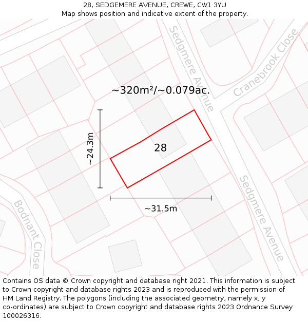 28, SEDGEMERE AVENUE, CREWE, CW1 3YU: Plot and title map