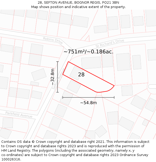 28, SEFTON AVENUE, BOGNOR REGIS, PO21 3BN: Plot and title map