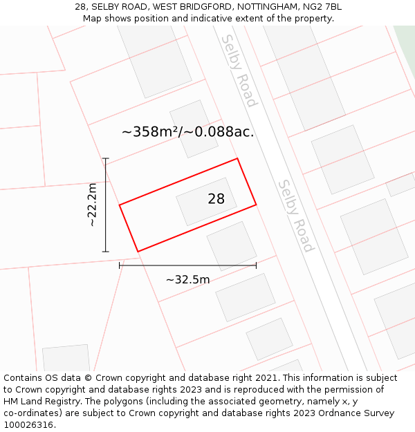 28, SELBY ROAD, WEST BRIDGFORD, NOTTINGHAM, NG2 7BL: Plot and title map