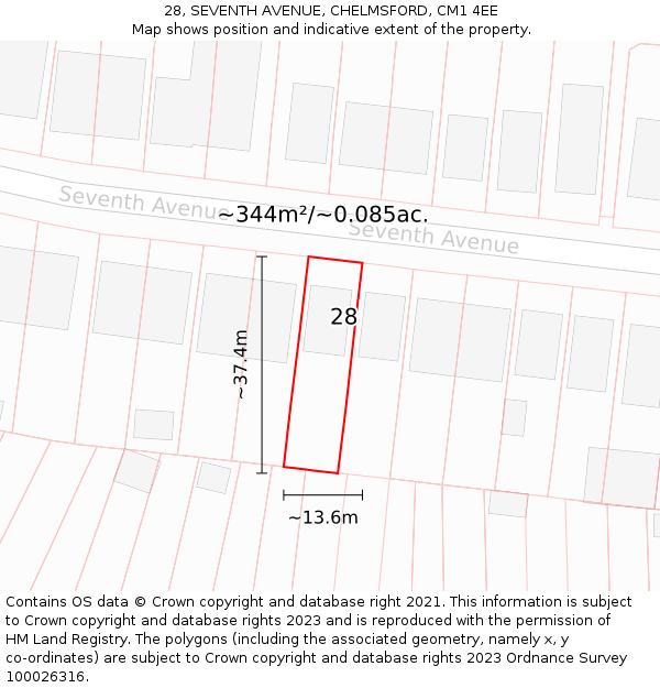 28, SEVENTH AVENUE, CHELMSFORD, CM1 4EE: Plot and title map