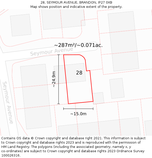 28, SEYMOUR AVENUE, BRANDON, IP27 0XB: Plot and title map