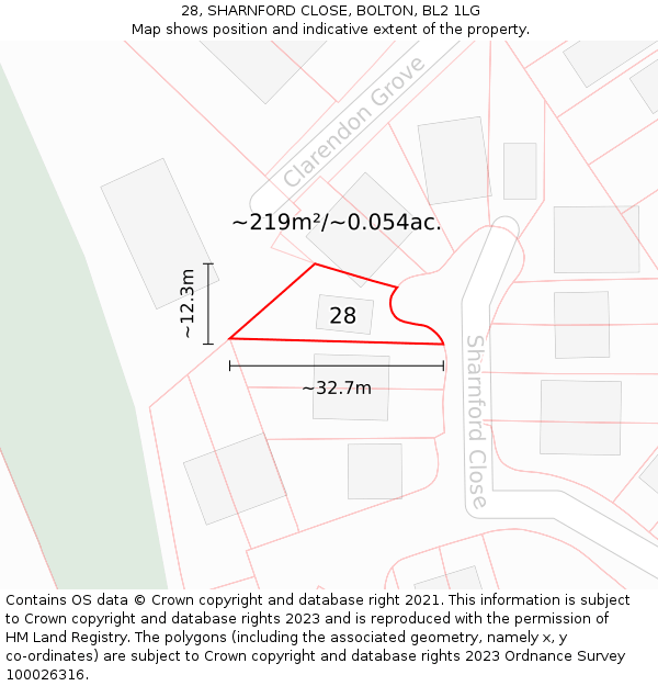 28, SHARNFORD CLOSE, BOLTON, BL2 1LG: Plot and title map