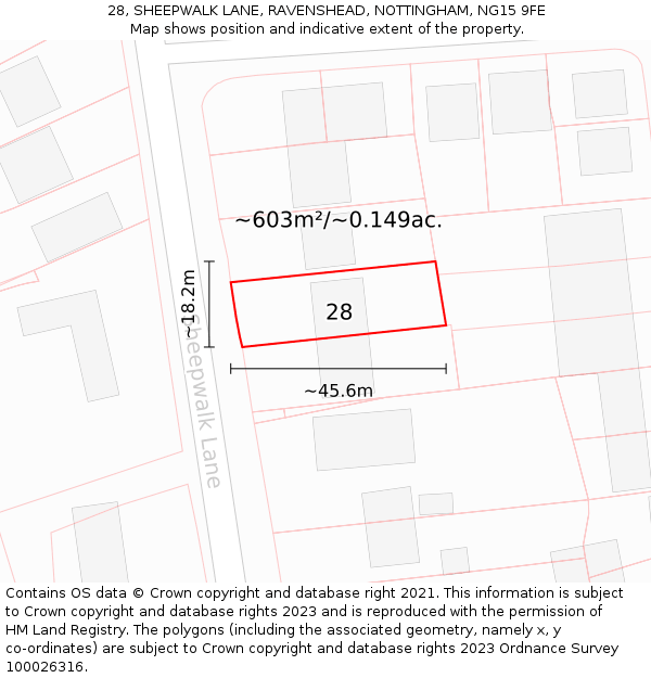 28, SHEEPWALK LANE, RAVENSHEAD, NOTTINGHAM, NG15 9FE: Plot and title map