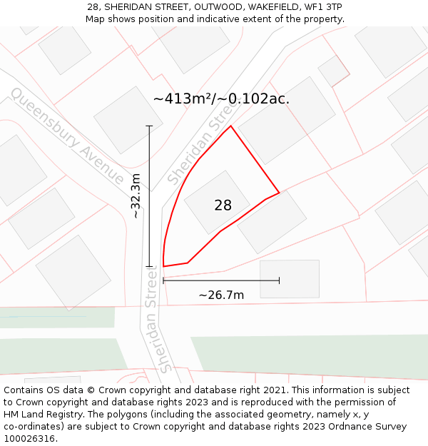 28, SHERIDAN STREET, OUTWOOD, WAKEFIELD, WF1 3TP: Plot and title map