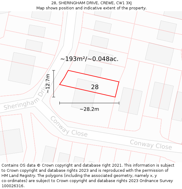 28, SHERINGHAM DRIVE, CREWE, CW1 3XJ: Plot and title map