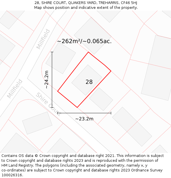 28, SHIRE COURT, QUAKERS YARD, TREHARRIS, CF46 5HJ: Plot and title map