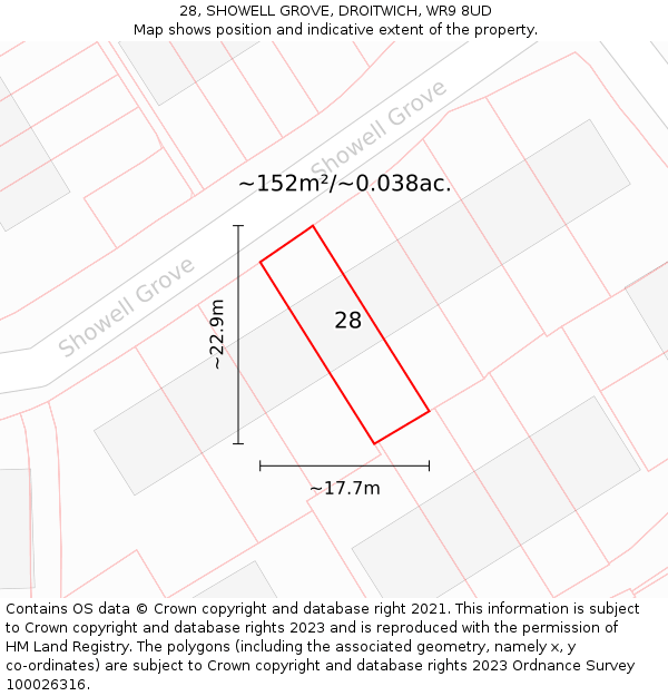 28, SHOWELL GROVE, DROITWICH, WR9 8UD: Plot and title map