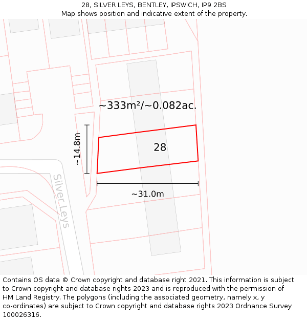 28, SILVER LEYS, BENTLEY, IPSWICH, IP9 2BS: Plot and title map