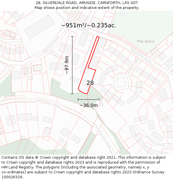 28, SILVERDALE ROAD, ARNSIDE, CARNFORTH, LA5 0DT: Plot and title map