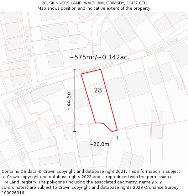 28, SKINNERS LANE, WALTHAM, GRIMSBY, DN37 0EU: Plot and title map