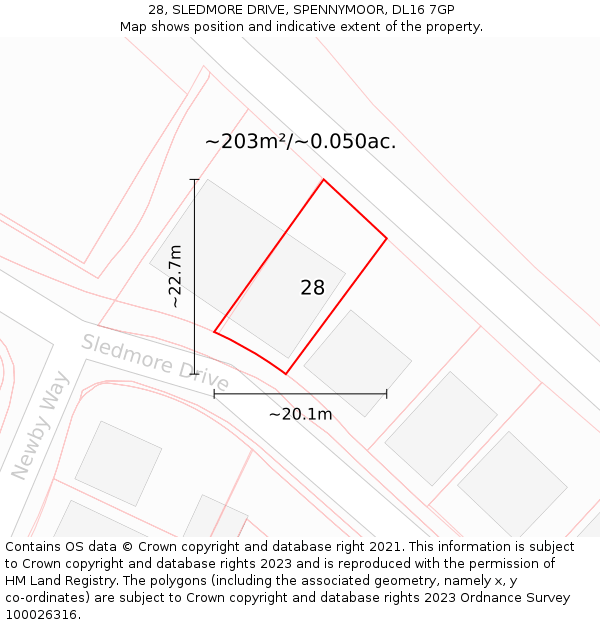 28, SLEDMORE DRIVE, SPENNYMOOR, DL16 7GP: Plot and title map