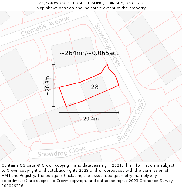 28, SNOWDROP CLOSE, HEALING, GRIMSBY, DN41 7JN: Plot and title map