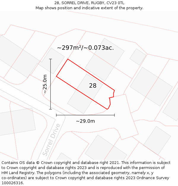 28, SORREL DRIVE, RUGBY, CV23 0TL: Plot and title map