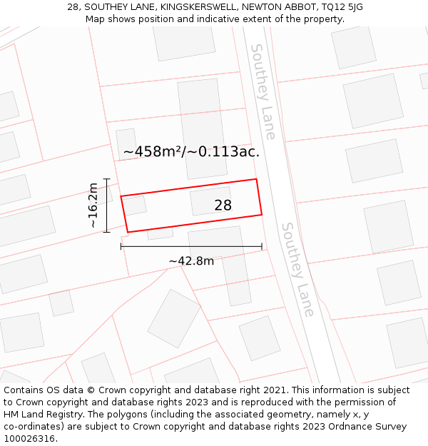 28, SOUTHEY LANE, KINGSKERSWELL, NEWTON ABBOT, TQ12 5JG: Plot and title map