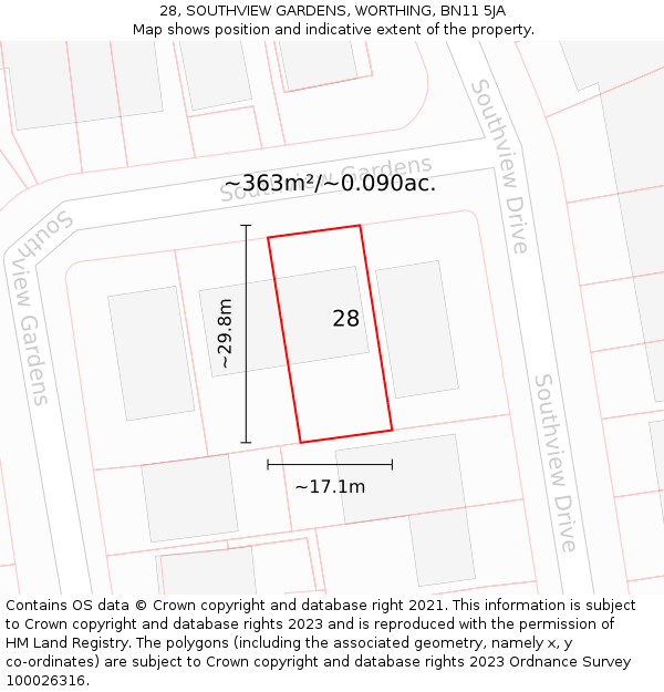 28, SOUTHVIEW GARDENS, WORTHING, BN11 5JA: Plot and title map