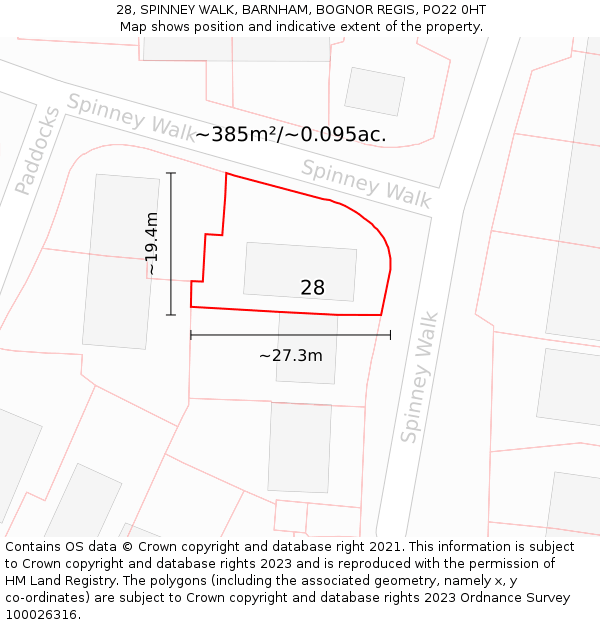 28, SPINNEY WALK, BARNHAM, BOGNOR REGIS, PO22 0HT: Plot and title map