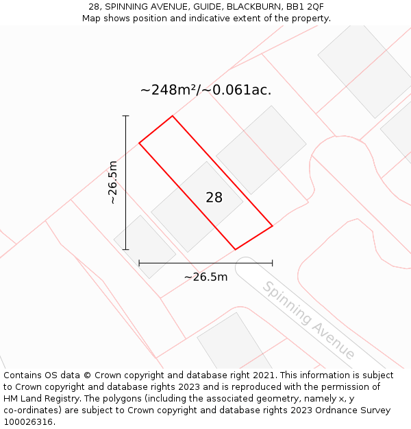 28, SPINNING AVENUE, GUIDE, BLACKBURN, BB1 2QF: Plot and title map