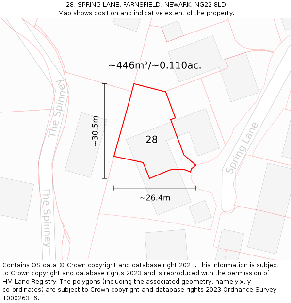 28, SPRING LANE, FARNSFIELD, NEWARK, NG22 8LD: Plot and title map